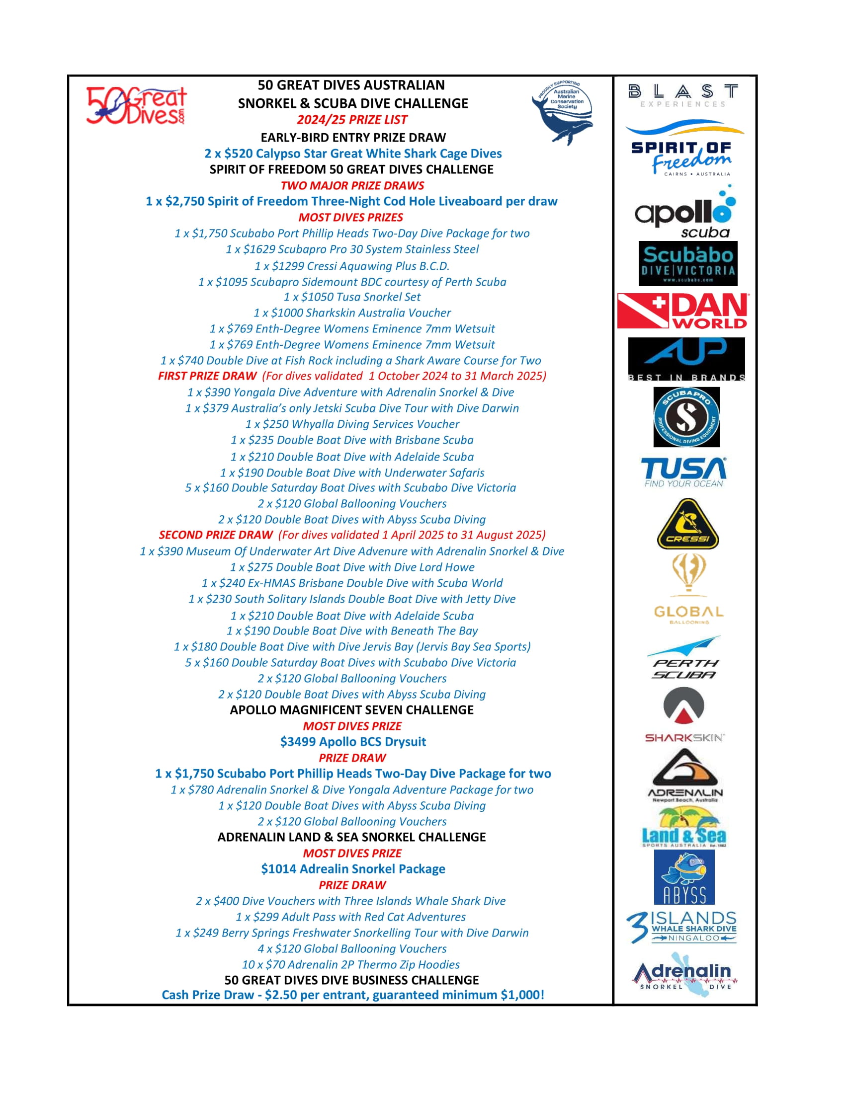 50 Great dives prizes